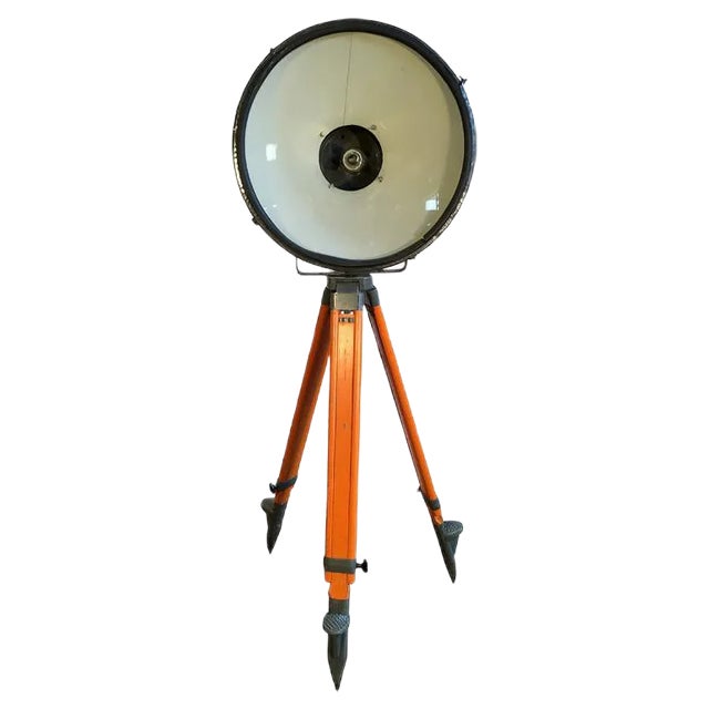 Vintage Grey Factory Spotlight with Wooden Tripod Base For Sale