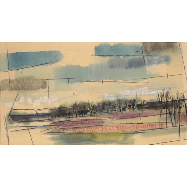 Mid Century Modern Farmhouse Landscape in Watercolor and Ink on Paper Bright, modern landscape by Robin Gay McCline...