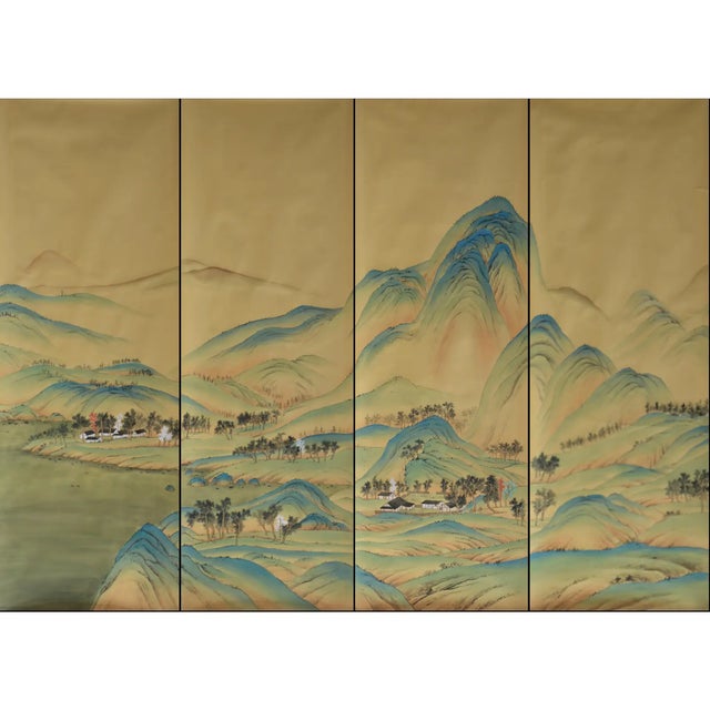 Chinoiserie Mountain Wallpaper Murals Hand Painted Wallpaper - 4 Panels For Sale