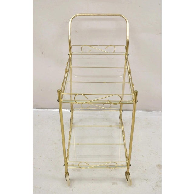 Vintage Mid Century Modern Gold Metal 2 Tier Rolling Bar Tea Cart Server For Sale - Image 10 of 12