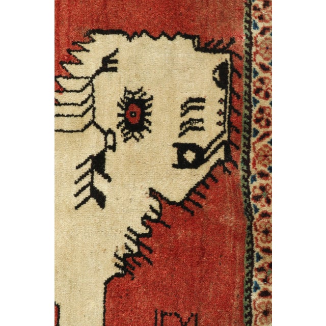 Vintage Gabbeh Tribal Rug in Red With Beige Lion Pictorial and Floral Border For Sale In New York - Image 6 of 7