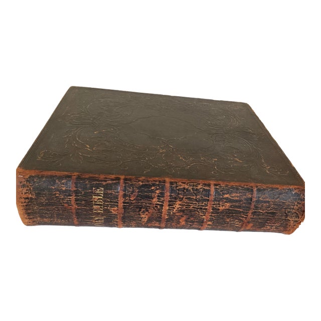 Mid 19th Century Holy Bible With a Leather Embossed Binding/Cover Circa 1851 For Sale