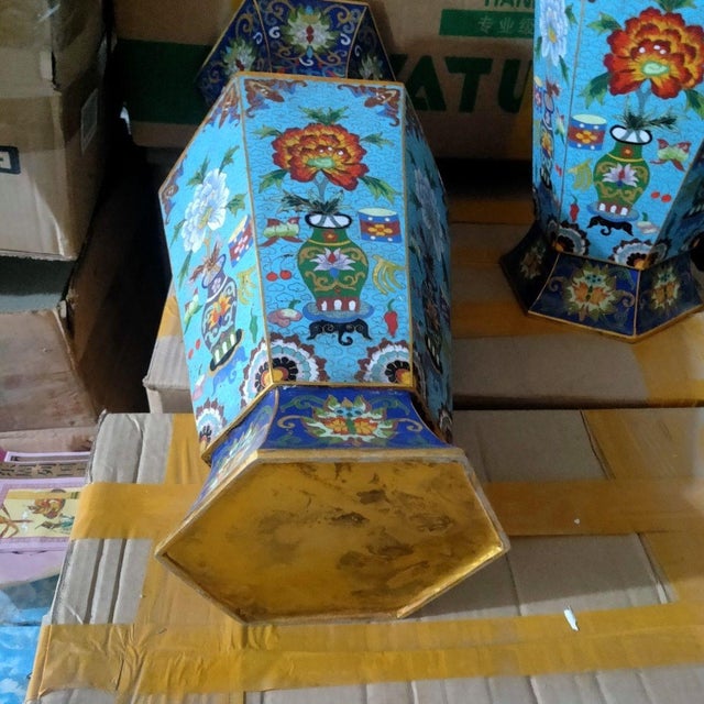 Pair of Large Vintage Cloisonné Enamel Hexagonal Vases – Floral & Scholar's Object Motif For Sale - Image 9 of 9