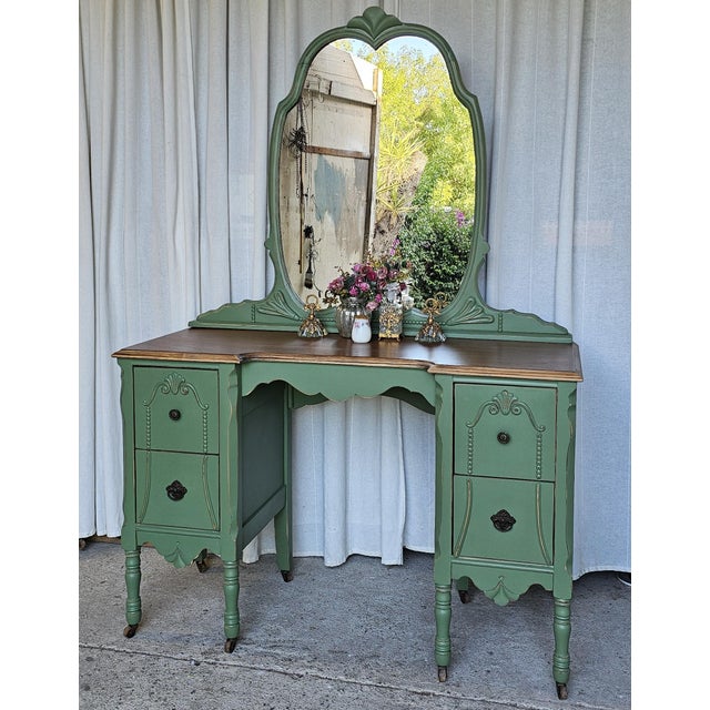 Vanity With Mirror, Vintage Piece, Circa 1930's, Green Boho Style For Sale - Image 9 of 14