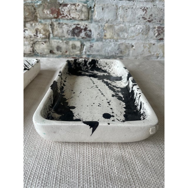 White Handcrafted Ceramic Trays With Black Abstract Splatter Design - a Pair For Sale - Image 8 of 8