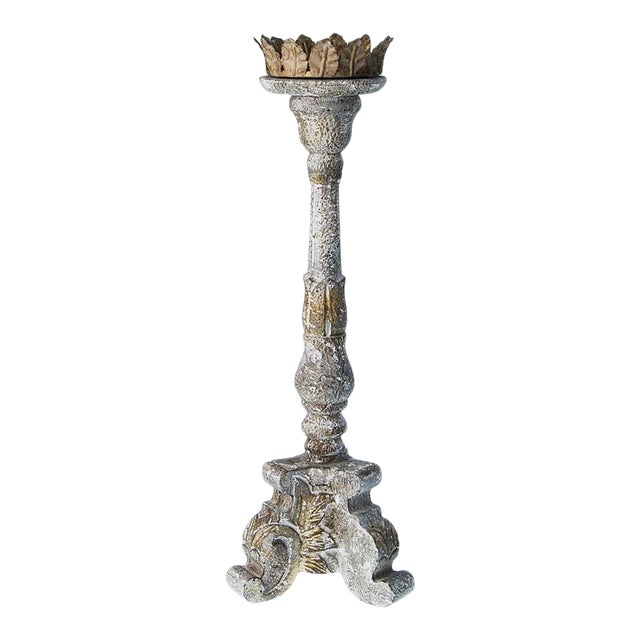 Transitional Distressed Carved Wood Candle Holder For Sale