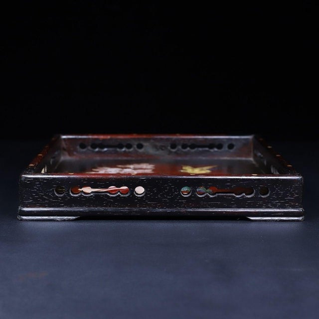 Late 20th Century Square Wooden Tray With Mother-of-Pearl Bird and Pomegranate Inlay For Sale In Los Angeles - Image 6 of 10