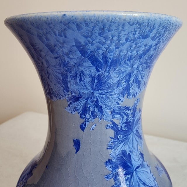 Postmodern Cobalt Blue Crystalline Glaze Signed Studio Pottery Vase For Sale - Image 3 of 13