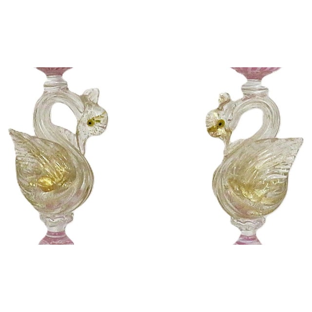 Murano Pair of Italian Murano Glass Swan Candlesticks Candle Holders Venetian For Sale - Image 4 of 5