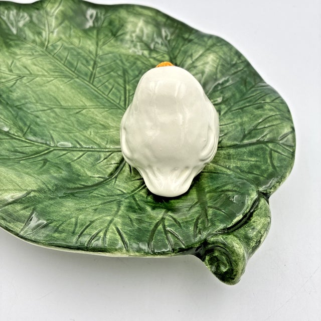 Mid-Century Modern Vintage Bassano Italy Majolica Leaf Platter White Bird For Sale - Image 3 of 5