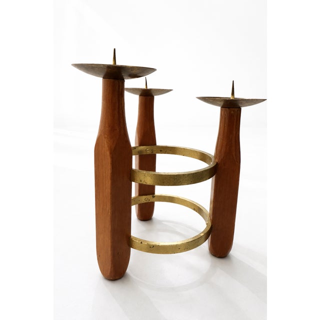 Brown Mid-Century Modern Scandinavian Teak and Brass Circular Candleholder, 1960 For Sale - Image 8 of 10