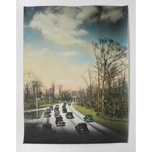 Early 20th century colortone advertising photograph of a 1930's highway and cars. Unsigned. Unframed, edge and corner wear.