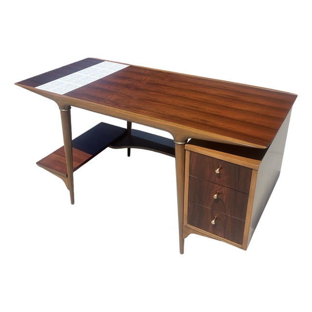 Rare Vintage Mid Century Modern Cosmopolitan Lane Rosewood Desk Restored Brass Tile 1960s For Sale