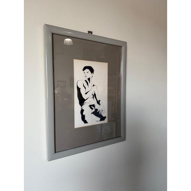 Striking 1980s vintage hand-painted figurative artwork by Whitman depicting a seated nude male figure. Executed in bold...