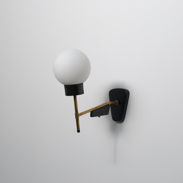 Italian Brass Wall Sconce with Opaline Glass Shade, 1950s For Sale - Image 4 of 6