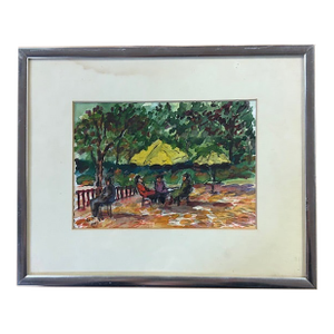 American Little Painting of People in a Park, Signed