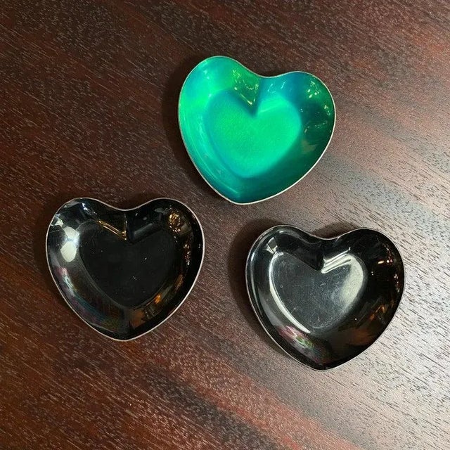 Trio of Danish Modern Enameled Sterling Silver Metal Heart Dishes For Sale - Image 4 of 10