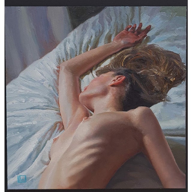Solitude I by Linda Delahaye | Oil on Artefex panel Nude figure resting on a bed. For Sale