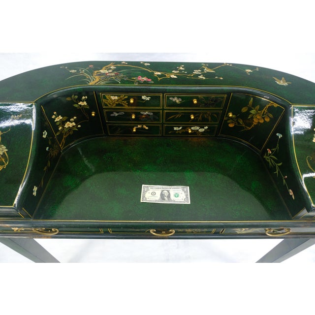 Emerald Green Lacquer Chinoiserie Desk Writing Table Console & Chair MINT For Sale - Image 16 of 18
