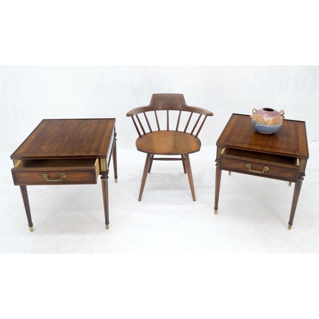 Baker Furniture Company Pair Banded Top Fluted Tapered Legs One Drawer Low Profile End Tables Stands For Sale - Image 4 of 14