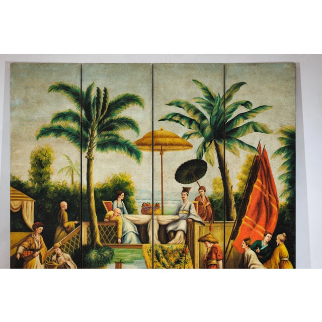 Wood Hand-Painted Four-Panel Chinese Export Screen with Tropical Court Scene For Sale - Image 7 of 12