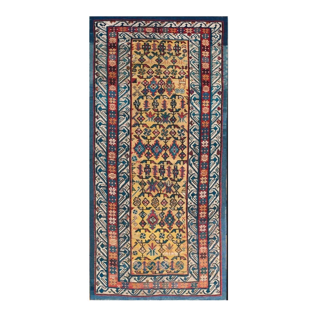 1870s Yellow Geometric Antique Caucasian Chi-Chi Rug 3'8" X 7'8" Knotted Pile Wool Carpet For Sale