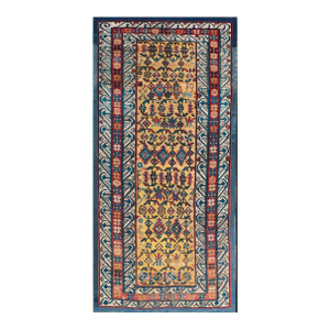 1870s Yellow Geometric Antique Caucasian Chi-Chi Rug 3'8" X 7'8" Knotted Pile Wool Carpet