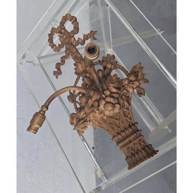 19thc XL French Louis XVI Bronze 2 Light Floral Basket Wall Sconce For Sale - Image 15 of 18