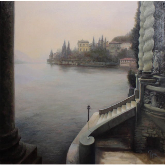 This oil painting captures the serene beauty of Lake Como, showcasing a tranquil waterscape framed by elegant...
