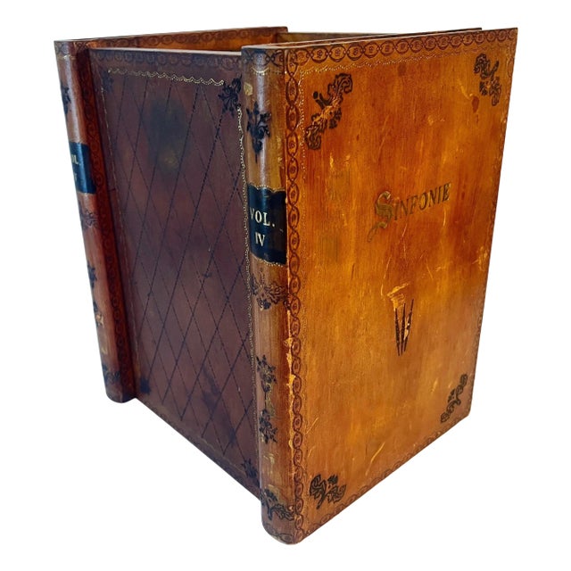 Leather Waste Bin Basket Depicting Books with Inner Lined Decorative Paper For Sale