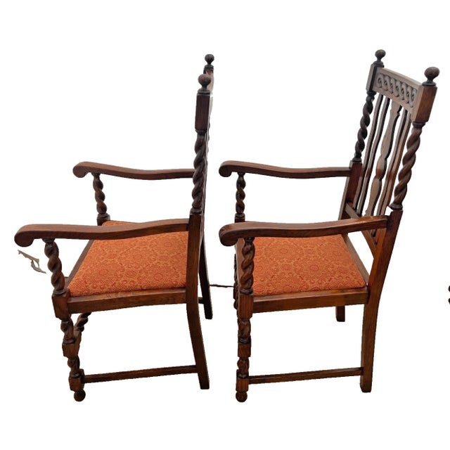 Jacobean Pair of Antique Jacobean Revival Barley Twist Oak Armchairs Rust & Gold Damask For Sale - Image 3 of 13