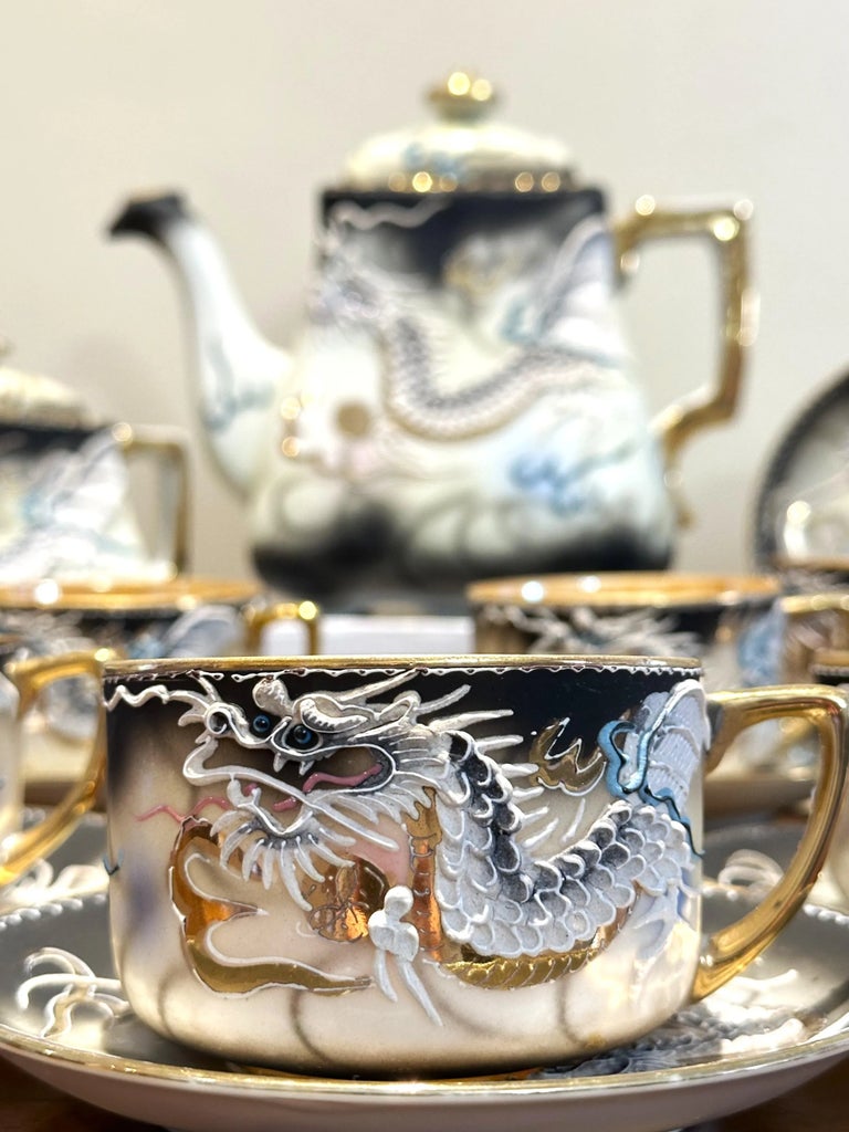 Japanese Dragonware Tea Set, 1930s Moriage Hand Painted Dragon Set