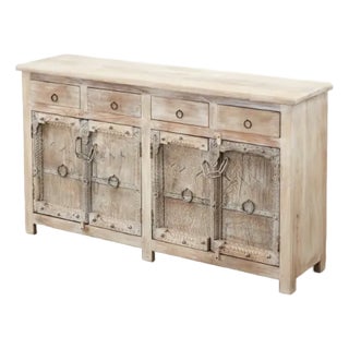 1980s Colonial Style Indian Bleached Teak Sideboard Server Cabinet For Sale