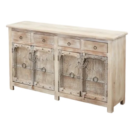 1980s Colonial Style Indian Bleached Teak Sideboard Server Cabinet For Sale