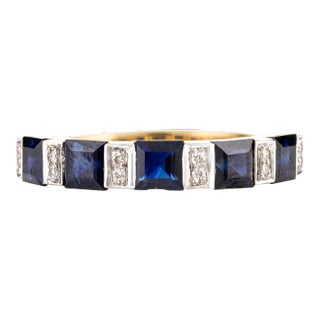 2.24ct Square Cut Sapphire Diamond Alternate Wedding Band in 18k Gold Size 7 For Sale