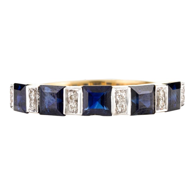 2.24ct Square Cut Sapphire Diamond Alternate Wedding Band in 18k Gold Size 7 For Sale