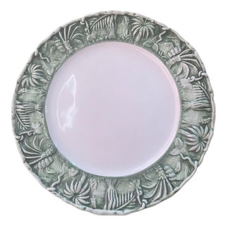 Handmade Italian Ceramic Plate With Tropical Relief Rim in Sage Green For Sale