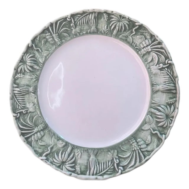 Handmade Italian Ceramic Plate With Tropical Relief Rim in Sage Green For Sale