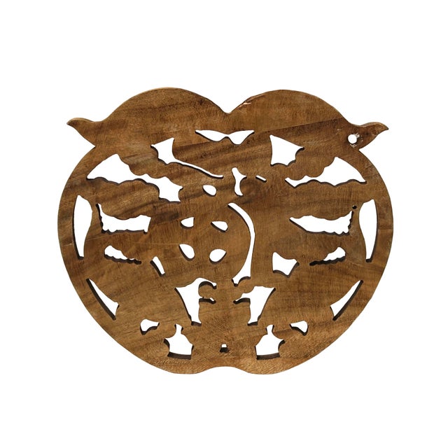 1990s Small Apple Shape Fok Koi Motif Wood Wall Panel Plaque Art For Sale - Image 5 of 7