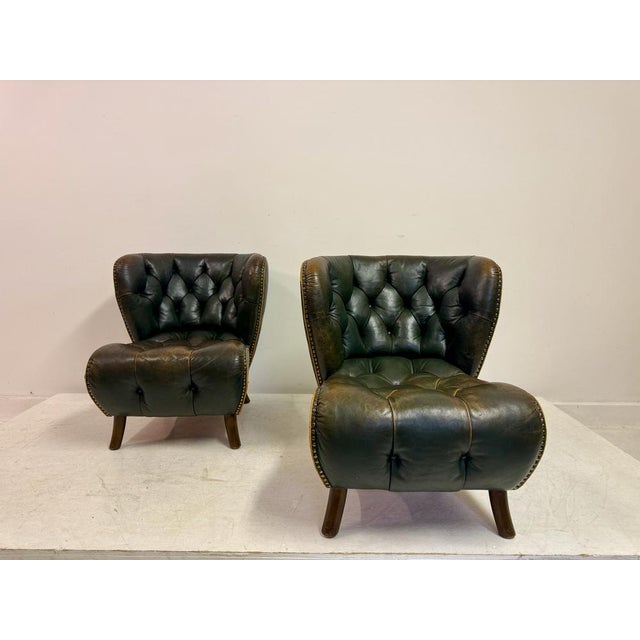 Danish Lounge Slipper Chairs in Green Patinated Leather, 1940s, Set of 2 For Sale - Image 4 of 18