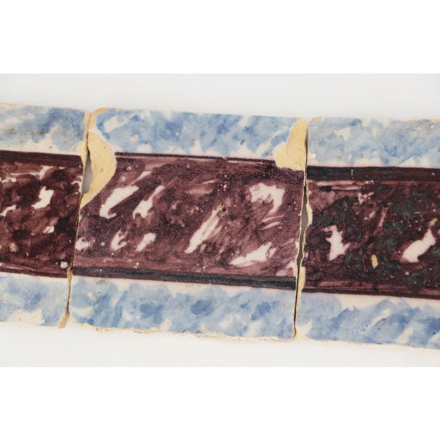 18th Century Antique Portuguese Strip of Five Blue and Brown Spongeware Tiles For Sale - Image 4 of 9