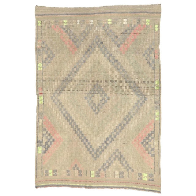 Textile Mid 20th Century Faded Vintage Embroidered Kilim Rug For Sale - Image 7 of 7