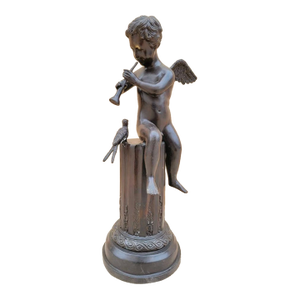 Antique Bronze Cherub on Pedestal Playing the Flute Sculpture Attributed to French Artist Auguste Moreau