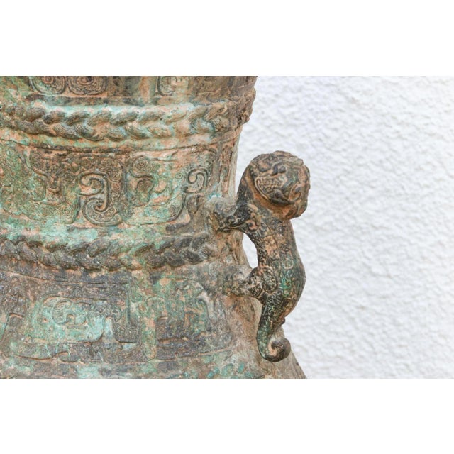 Verdigris Tall Antique Patinated Bronze Vessel For Sale - Image 8 of 12