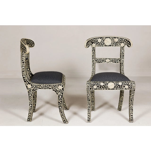 Early 21st Century Anglo-Indian Style Ebonized Side Chairs with Floral Themed Bone Inlay - A Pair For Sale - Image 9 of 12