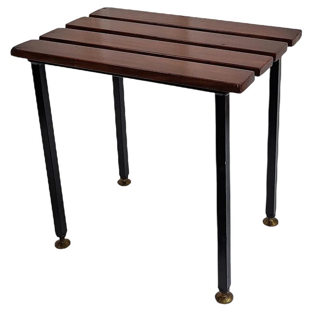 Mid-Century Modern Italian Metal Base Brass Feet Wooden Slat Stool, 1970s For Sale