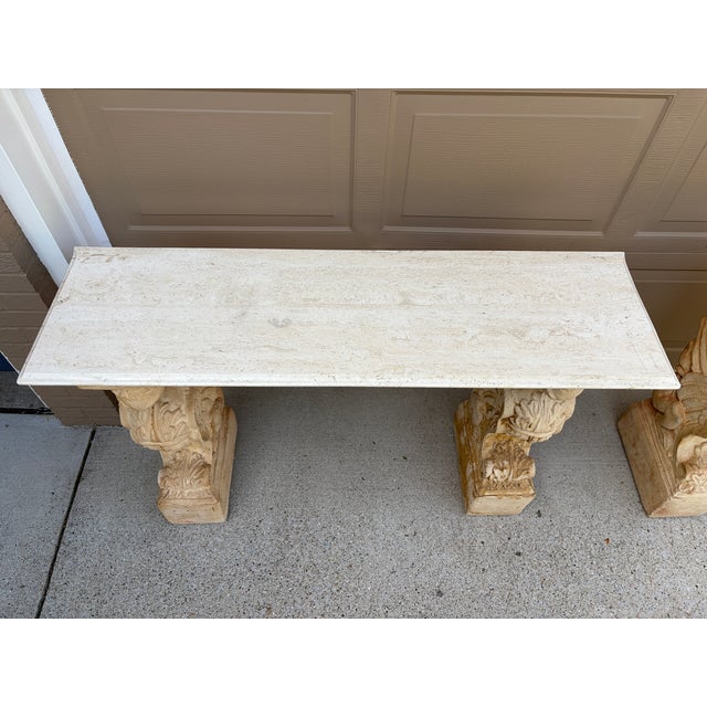 Late 20th Century Pair of Neoclassical Travertine Consoles With Winged Figural Bases For Sale - Image 11 of 14