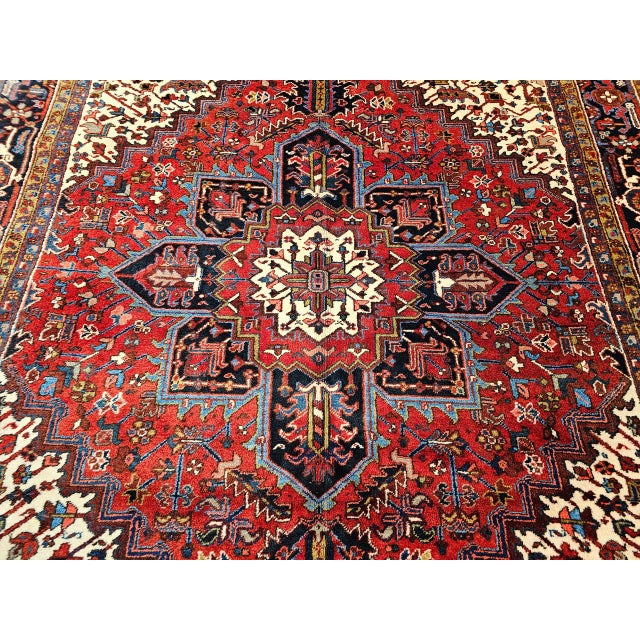 Vintage Persian Heriz Rug, Hand-Knotted Wool, Geometric Medallion Pattern, Red & Navy, 8x11 For Sale - Image 4 of 10