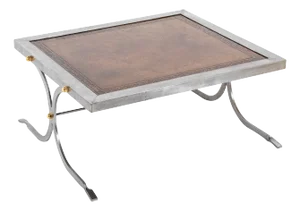 French Maison Jansen Style Polished Steel, Brass and Leather Coffee Table