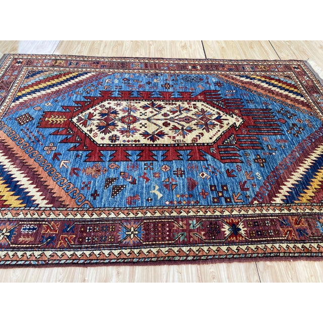Sky Blue Kazak Medallion Handmade Wool Rug 5x8 For Sale - Image 6 of 10